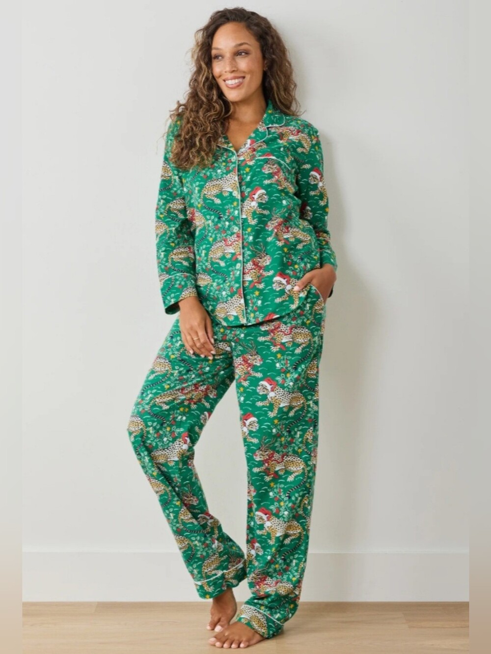 Printfresh Very Merry Bagheera Green Flannel Pajamas Mistletoe Long Size L NEW